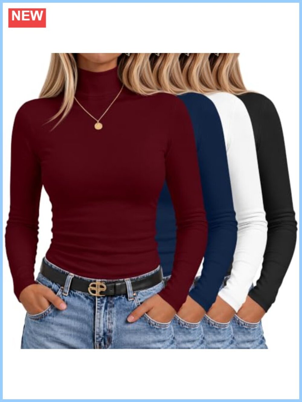 Women's Turtleneck Long Sleeve Slim Fit Tops 4 Pack Stretch Cotton Blend